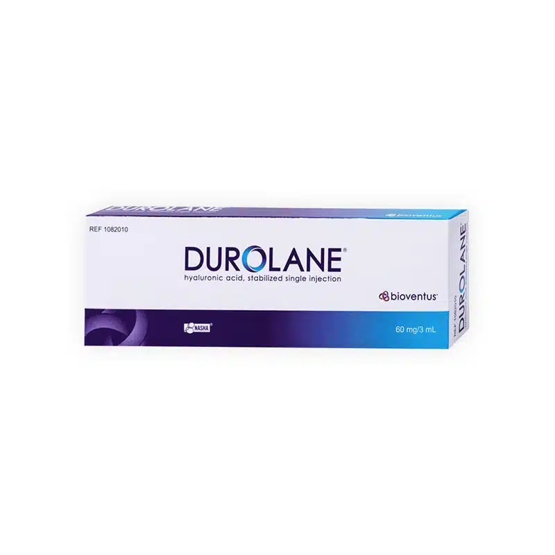 White box of DUROLANE®, a hyaluronic acid injection, featuring blue and purple design elements. The
