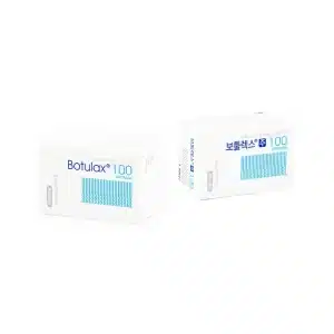 Two white boxes of BOTULAX® (LETYBO®) 100u (Korean), a botulinum toxin product, are shown side by side: one has English text and the other Korean. Both boxes have blue and grey accents.