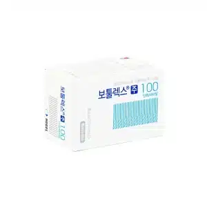 A mostly white box with blue and grey details, labeled in Korean with blue text and a barcode-style design, contains BOTULAX® (LETYBO®) 100u (Korean), used for cosmetic or medical purposes.