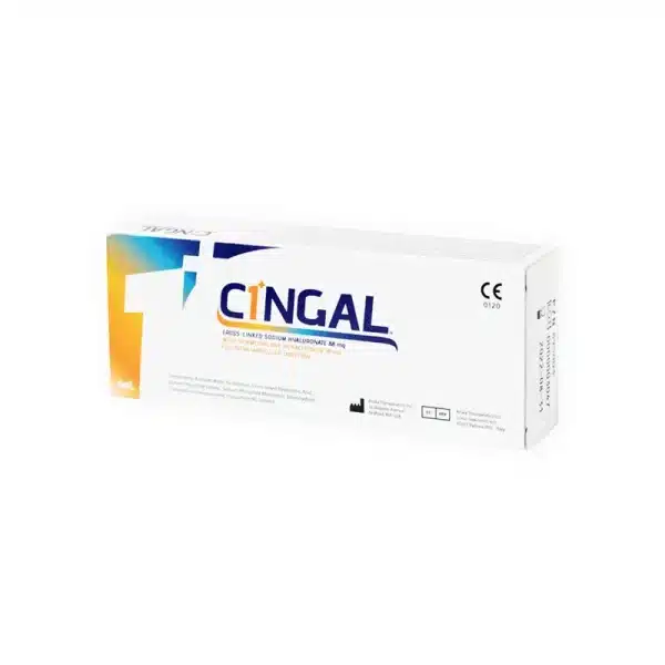 A white rectangular box labeled "CINGAL®," featuring blue and orange accents, medical symbols, and front-printed dosage and product details, contains cross-linked sodium hyaluronate.