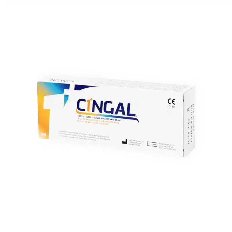 A white rectangular box labeled "CINGAL®," featuring blue and orange accents, medical symbols, and front-printed dosage and product details, contains cross-linked sodium hyaluronate.