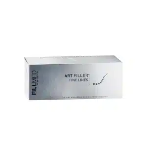 A box of FILLMED® ART FILLER FINE LINES with Lidocaine, featuring hyaluronic acid gel with lidocaine, in gray packaging with white and black text.
