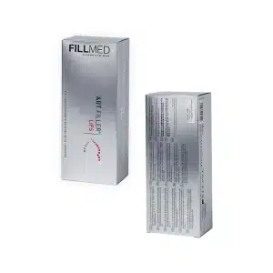 The image shows two boxes of FILLMED® ART FILLER LIPS with Lidocaine. The front box is positioned upright, showing the product name and design, while the back box is lying flat, displaying text details and information about the product. Both boxes are silver-colored.
