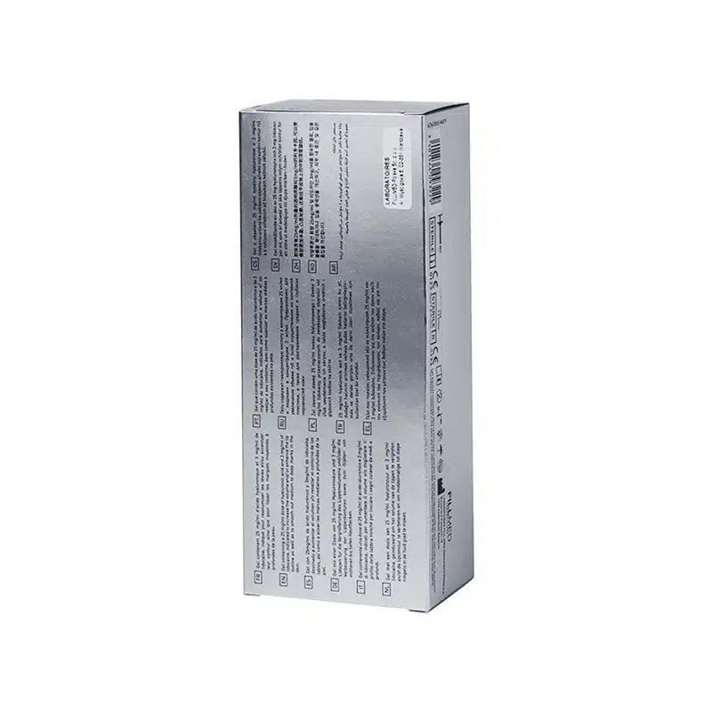 A silver rectangular FILLMED® ART FILLER LIPS with Lidocaine box standing vertically, with various
