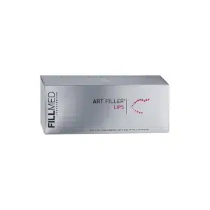 A silver box displaying the product "FILLMED® ART FILLER LIPS with Lidocaine" with hyaluronic acid gel and lidocaine. The Fillmed logo is on the left side, and a stylized pink dot graphic is near the product name. The box is photographed on a plain white background.