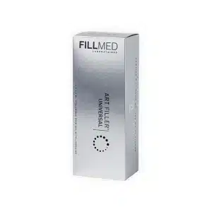 Silver box packaging of FILLMED® ART FILLER UNIVERSAL with Lidocaine, a cosmetic product. The box is sleek with black text and features a small circular dotted design near the bottom.