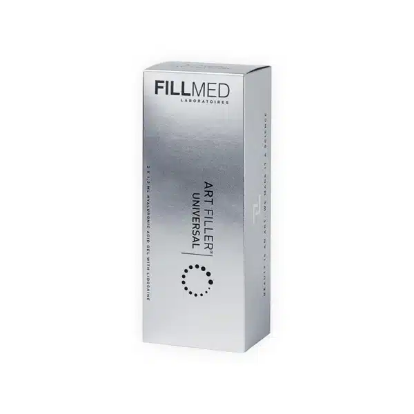 Silver box packaging of FILLMED® ART FILLER UNIVERSAL with Lidocaine, a cosmetic product. The box is sleek with black text and features a small circular dotted design near the bottom.