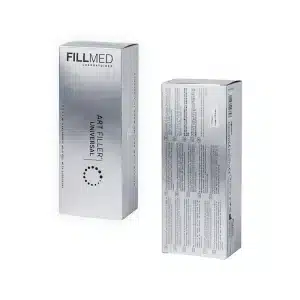 Two silver boxes of FILLMED® ART FILLER UNIVERSAL with Lidocaine are shown. The front of one box displays the product name and branding, while the back of the other box lists ingredients and other details. The packaging is sleek and reflective.