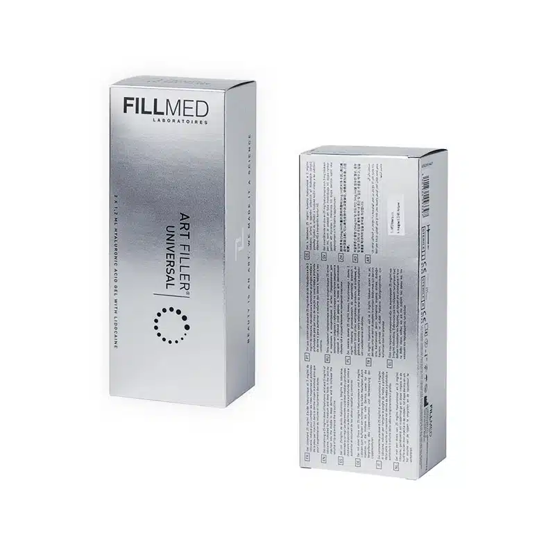 Two silver boxes of FILLMED® ART FILLER UNIVERSAL with Lidocaine are shown. The front of one box