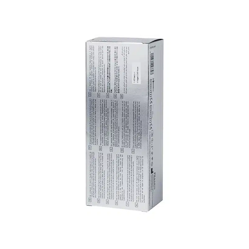 A rectangular box, primarily grey and white, with multiple lines of text in several languages