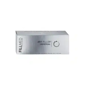 A silver rectangular box labeled "FILLMED LABORATOIRES" on the left side and "FILLMED® ART FILLER UNIVERSAL with Lidocaine" in the center. The box contains hyaluronic acid gel with lidocaine, and includes the text "3 x 1.3 ml.