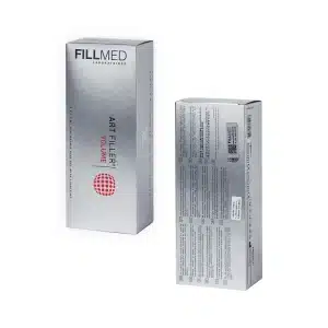 Image of two silver-colored boxes of FILLMED® ART FILLER VOLUME from FillMed Laboratories. One box is shown from the front with branding and text, while the other is shown from the back, displaying additional information and a barcode.