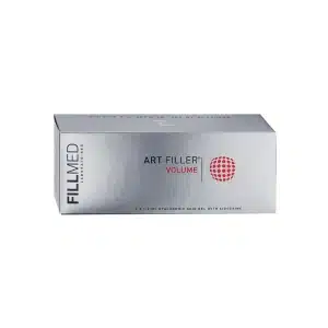 A rectangular silver box with the label "FILLMED® ART FILLER VOLUME" on the side. The front displays the text "ART FILLER VOLUME" and a red dotted sphere graphic. The bottom text reads "2x 1.2 mL hyaluronic acid gel with lidocaine.