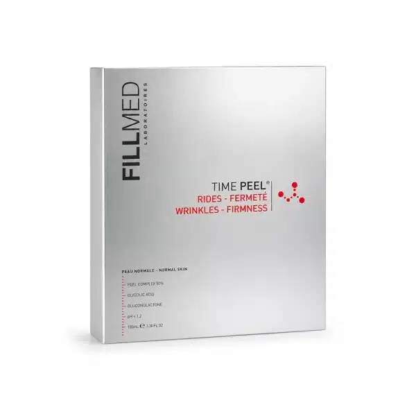 A silver box of FILLMED® TIME PEEL, featuring black and red text describing its wrinkle-reducing and skin-firming benefits for normal skin, with glycolic acid as an active ingredient.