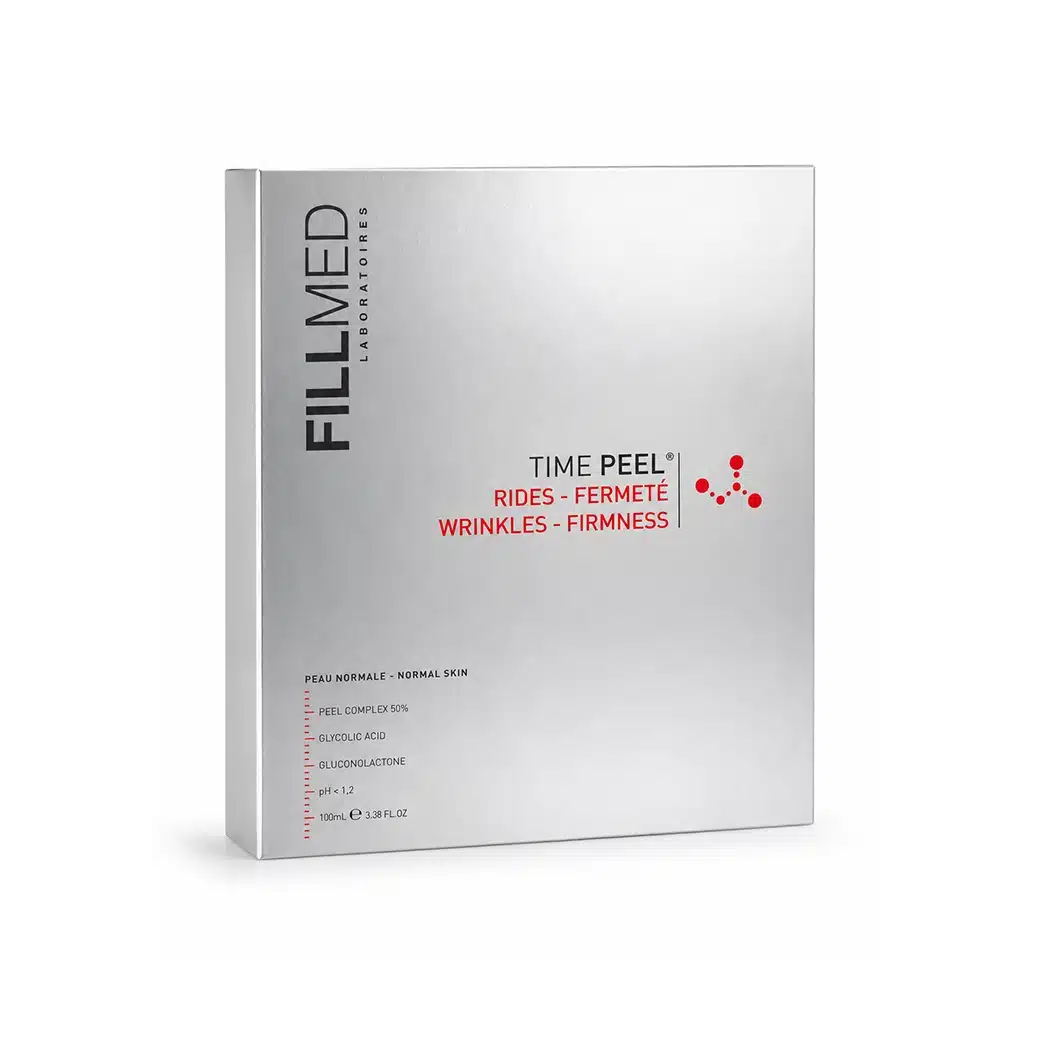A silver box of FILLMED® TIME PEEL, featuring black and red text describing its wrinkle-reducing and skin-firming benefits for normal skin, with glycolic acid as an active ingredient.