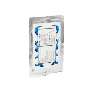 A silver metallic medical packaging is shown with a white label featuring blue patterns on the front. The label includes text and a table with item specifics, manufacturing information, and regulatory details for INTRALINE® MONO 29G 50 70 6-0.