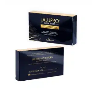 Two black and gold boxes of JALUPRO® SUPER HYDRO are shown, with text detailing the product. The front box displays the product name and key ingredients, while the back box provides detailed product information and manufacturing details.