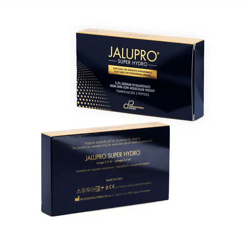Two black and gold boxes of JALUPRO® SUPER HYDRO are shown, with text detailing the product. The