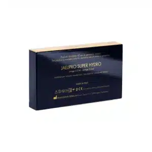 A box of JALUPRO® SUPER HYDRO, which contains a 2.5 ml syringe. The packaging is dark blue with gold and white text. The product is indicated for medical use, and the box states it is made in Italy by Professional Derma SA.