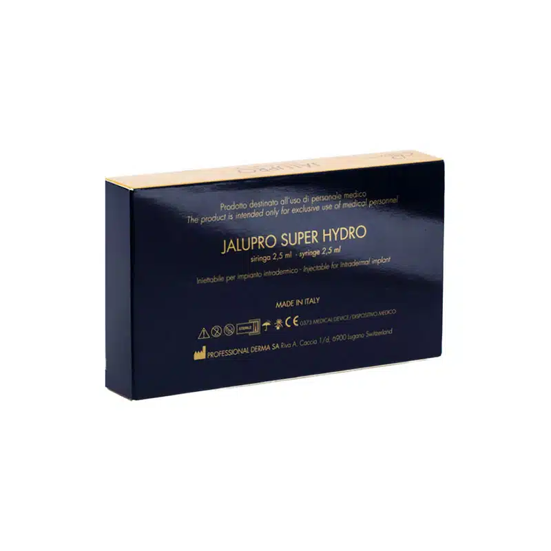 A box of JALUPRO® SUPER HYDRO, which contains a 2.5 ml syringe. The packaging is dark blue with