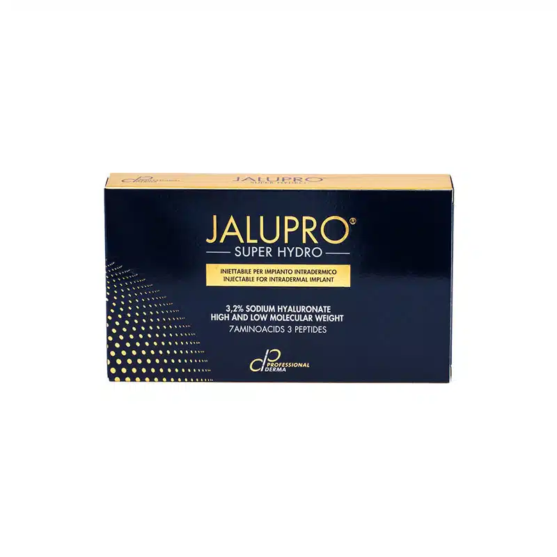 A box of JALUPRO® SUPER HYDRO, branded in dark blue and gold. The text on the box mentions it is an