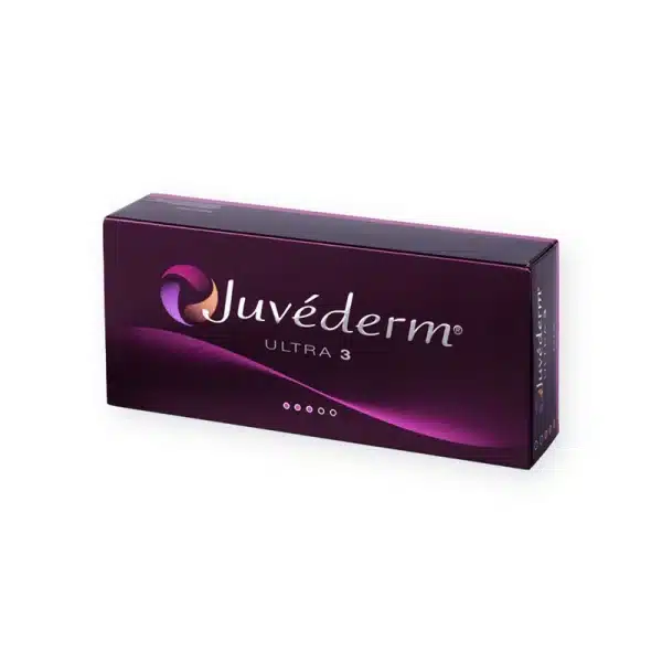 The image shows a rectangular, dark purple box with the word "JUVÉDERM® ULTRA 3" written in a large white font. The packaging is sleek and professional, implying it is a product related to skincare or cosmetic enhancement.