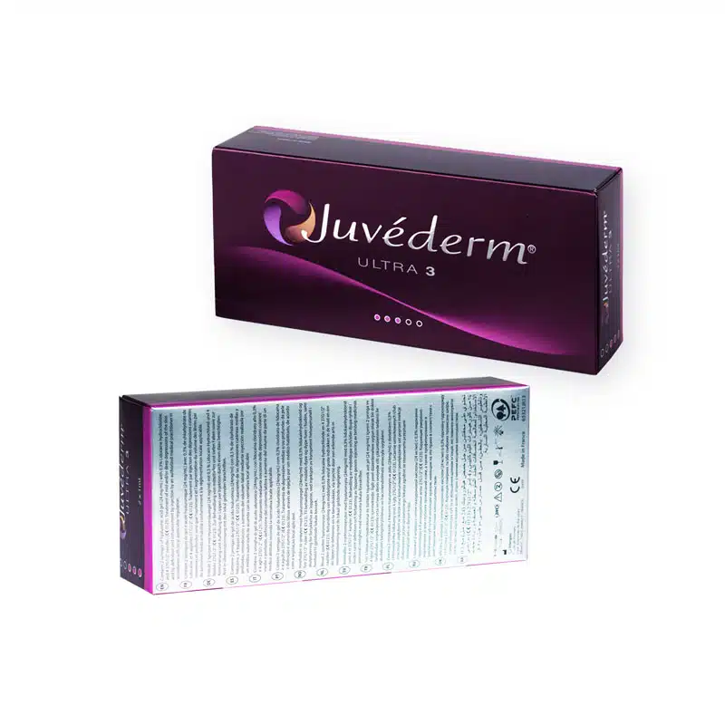 The image shows a box of JUVÉDERM® ULTRA 3, a cosmetic product. The box is purple with white text