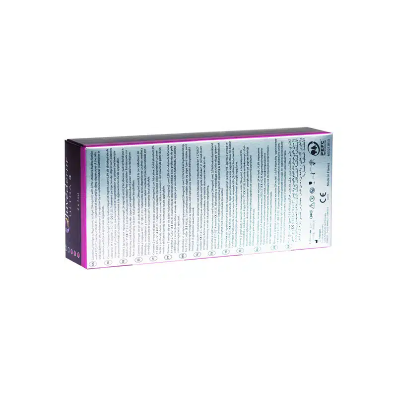 A rectangular box with a mostly white surface, featuring small black and colored text. The sides