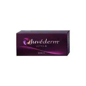 A purple rectangular box labeled "JUVÉDERM® ULTRA 3" in white text. The box features a gradient swirl logo in shades of gold and purple. The overall design is sleek and modern, with minimalistic text and graphics.