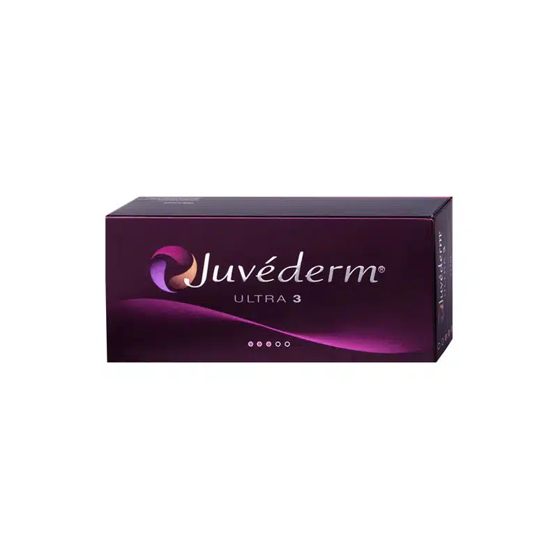A purple rectangular box labeled "JUVÉDERM® ULTRA 3" in white text. The box features a gradient