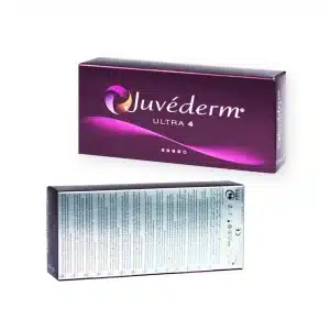 Two boxes of JUVÉDERM® ULTRA 4 are shown. The front box displays the Juvéderm logo and product name on a purple background with a slight curved design. The back box reveals detailed product information, text, and manufacturing details on a white background.