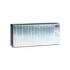 The image shows the back of a rectangular JUVÉDERM® ULTRA 4 box. The box is mostly white with text in multiple languages and various symbols indicating product specifications and certifications. The box edges are purple.