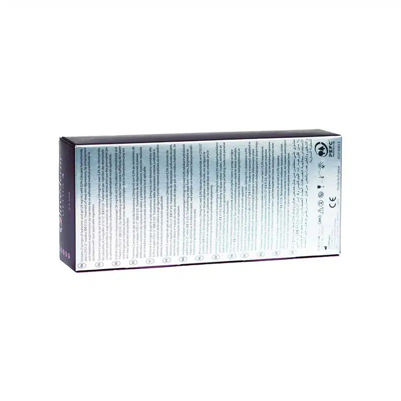 The image shows the back of a rectangular JUVÉDERM® ULTRA 4 box. The box is mostly white with text