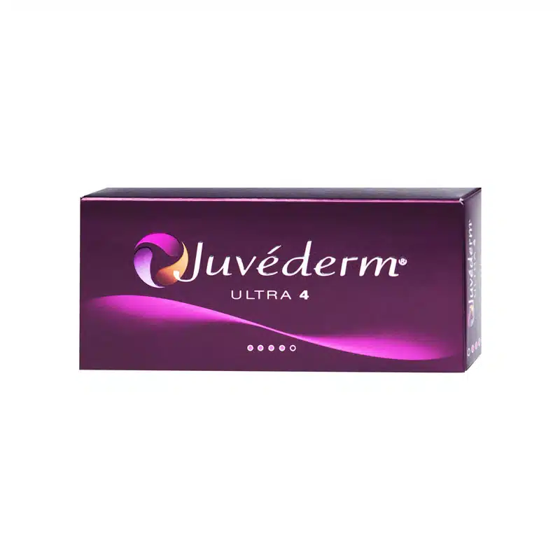 A rectangular, purple box of JUVÉDERM® ULTRA 4, a dermal filler product. The front of the box