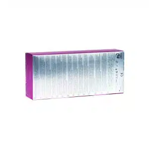A rectangular box of JUVÉDERM® ULTRA SMILE with purple and white packaging. The front is filled with small text in multiple languages and various symbols indicating product information and safety certifications.