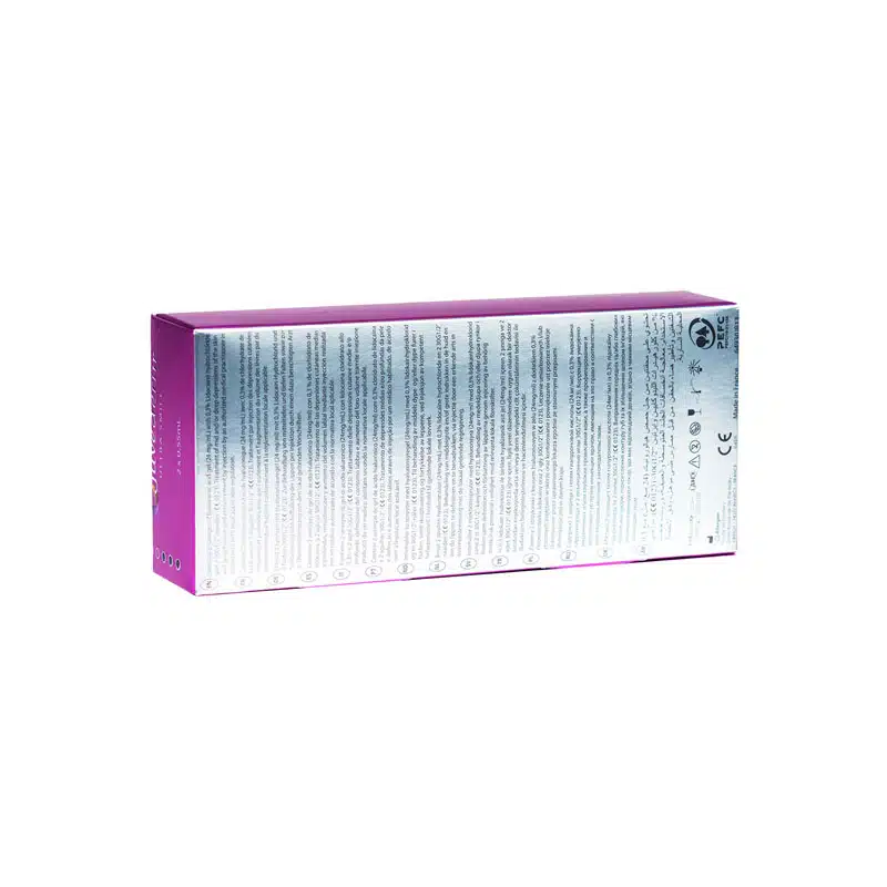 A rectangular box of JUVÉDERM® ULTRA SMILE with purple and white packaging. The front is filled