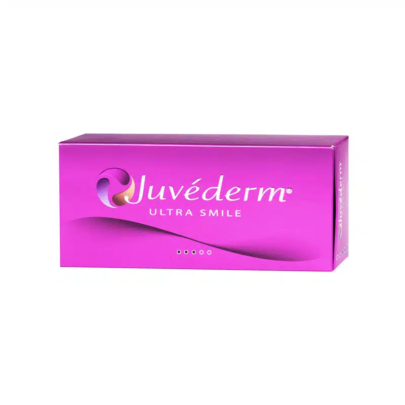A rectangular, bright pink box displaying the product name "JUVÉDERM® ULTRA SMILE" in white text
