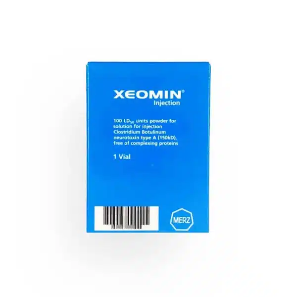 A blue box labeled "XEOMIN® 100u (Polish)" contains 100 LD50 units powder for solution, featuring Clostridium botulinum neurotoxin type A. The box indicates it includes one vial, is free of complexing proteins, and has a barcode at the bottom.