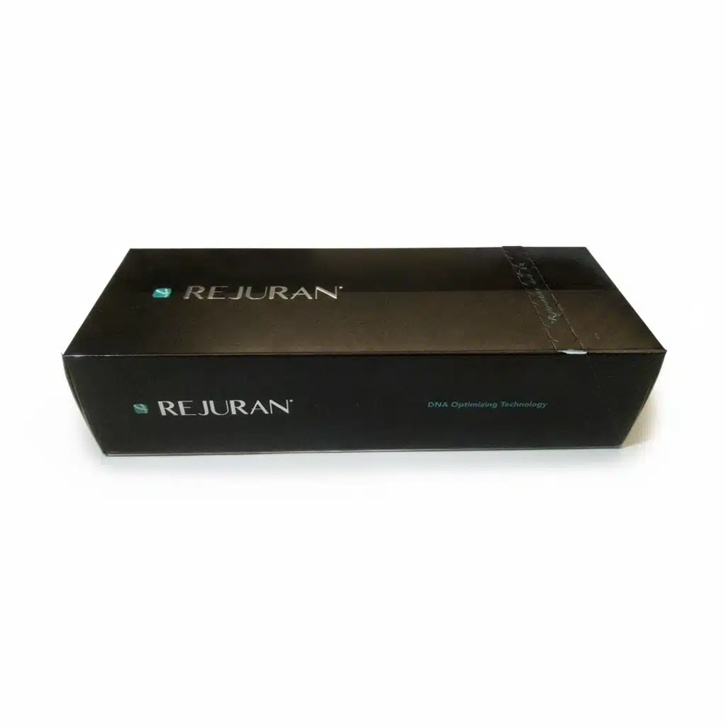A black rectangular box labeled "REJURAN® HEALER" with "DNA Optimizing Technology" on the side, set