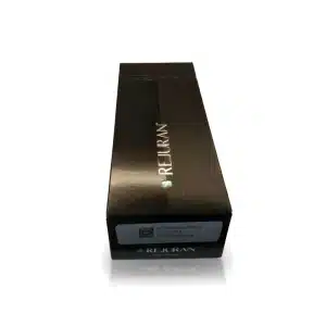 A black rectangular box labeled "REJURAN® HEALER" with silver and teal text is shown against a white background. The front displays a barcode, QR code, and serial numbers.