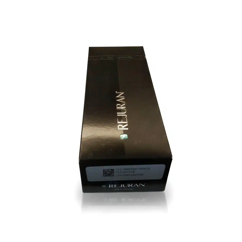 A black rectangular box labeled "REJURAN® HEALER" with silver and teal text is shown against a