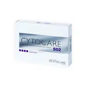 A white and silver box labeled "CYTOCARE 502" with purple text, highlighting hyaluronic acid and a rejuvenating complex, displays the "Laboratoire Revitacare France" logo in the bottom right corner.
