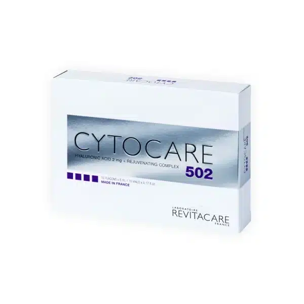 A white and silver box labeled "CYTOCARE 502" with purple text, highlighting hyaluronic acid and a rejuvenating complex, displays the "Laboratoire Revitacare France" logo in the bottom right corner.