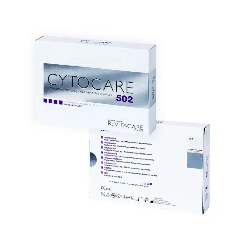 Two white boxes of CYTOCARE 502, a rejuvenating complex, are shown. The front box shows the product