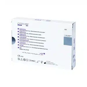 A white box labeled "CYTOCARE 502" displays multilingual text detailing its composition, manufacturer info, and icons showing CE certification and handling instructions.