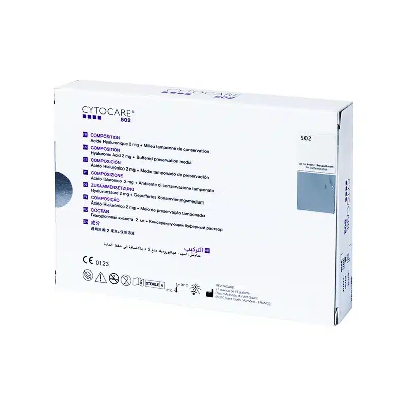 A white box labeled "CYTOCARE 502" displays multilingual text detailing its composition