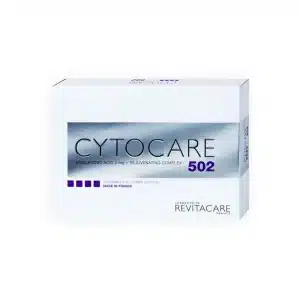 A box of CYTOCARE 502 by Revitacare France features "Hyaluronic Acid 2 mg + Rejuvenating Complex" on a white box with silver and purple accents, displaying product details and branding.