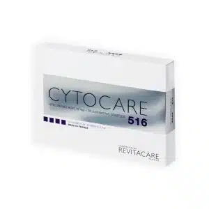 A white box labeled "CYTOCARE 502" with text indicating it contains hyaluronic acid and is a rejuvenating complex. The box is made by Laboratoire Revitacare France.