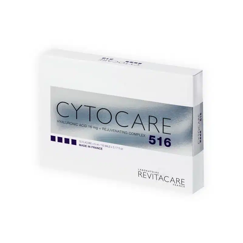 A white box labeled "CYTOCARE 502" with text indicating it contains hyaluronic acid and is a rejuvenating complex. The box is made by Laboratoire Revitacare France.