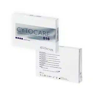 Two white rectangular boxes of CYTOCARE 502, a skincare product with hyaluronic acid, featuring blue and purple accents. The front displays the product name; the back shows composition and manufacturer details.